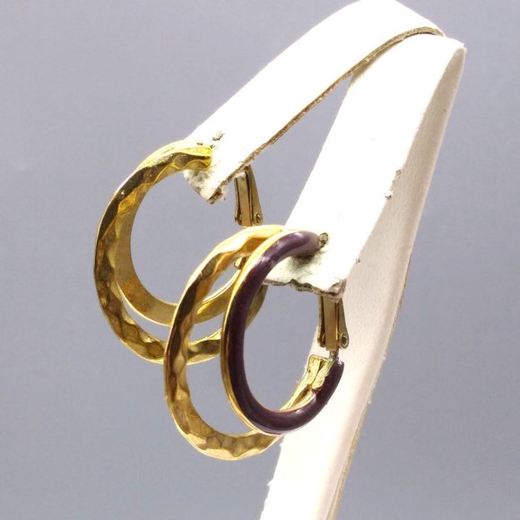 Vintage Enamel Double Hoop Earrings, Hammered Gold Tone and Plum Purple - Picture 1 of 5
